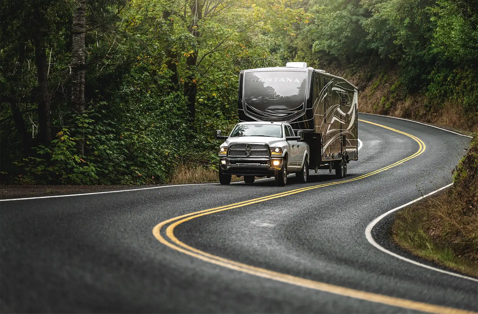 Truck towing a fifth wheel on a scenic forest road